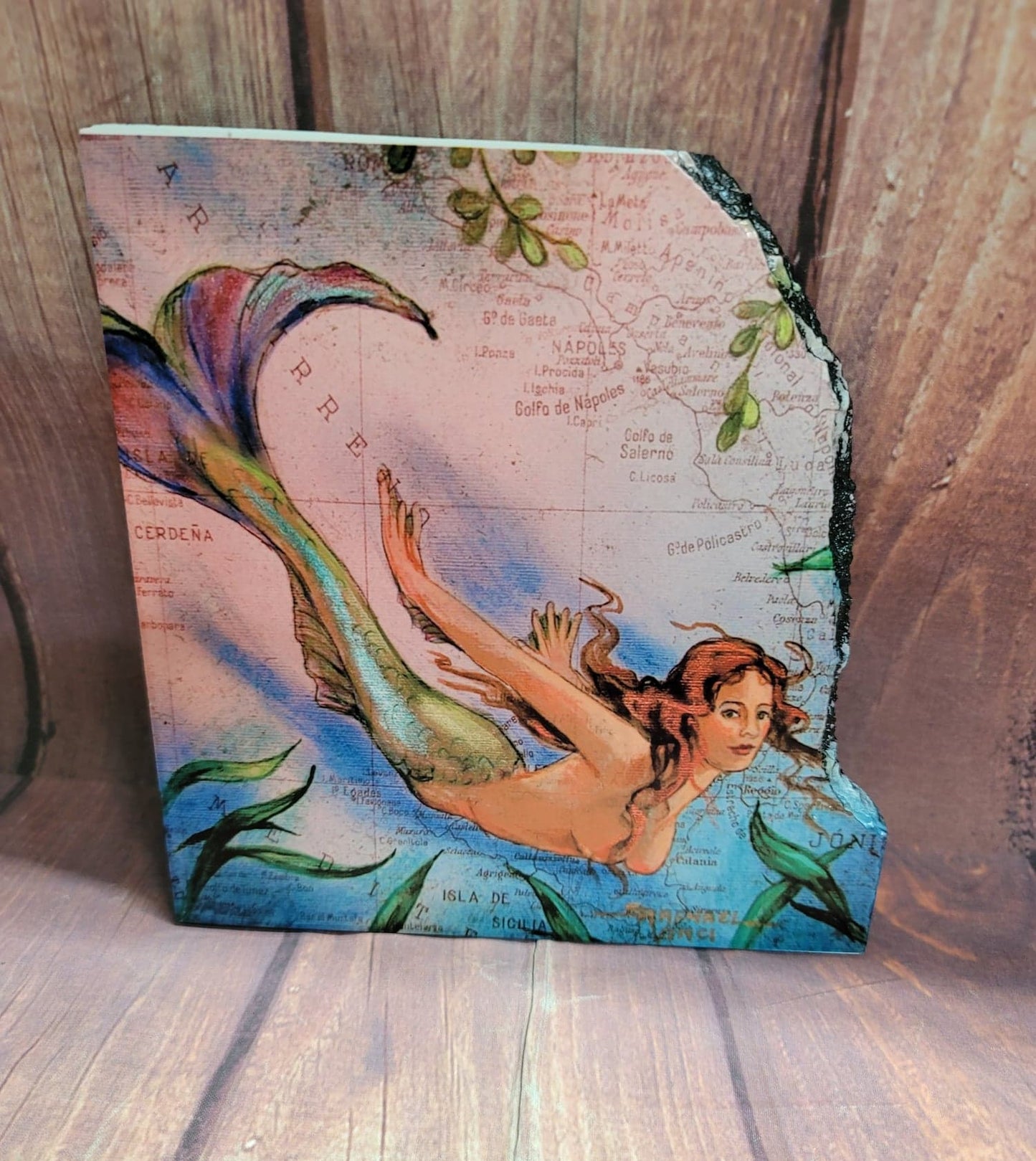 Stone Slate Photo/Art Plaque 7.87"x7.87" Mermaid Watercolor Original Art by S Raphael Vinci
