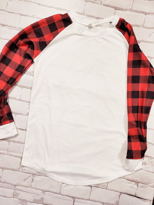 Raglan shirt red and black plaid sleeve