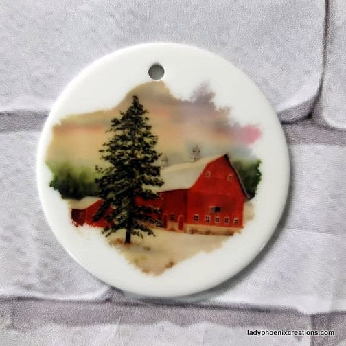 Christmas Ornament - Ceramic circle - Watercolor winter barn