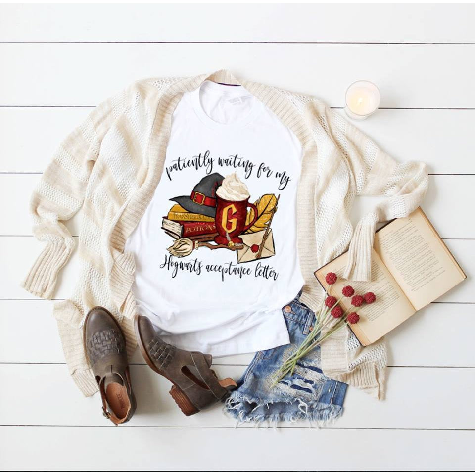Patiently Waiting On My Hogwarts Acceptance Letter Tshirt- Dye Sublimated shirt - Lady Phoenix Creations