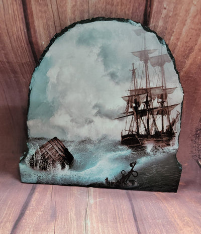 Stone Slate Photo/Art Plaque 7.87"x7.87" Half Oval Sailing Ship in Stormy Seas