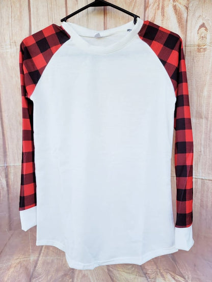 Raglan shirt red and black plaid sleeve
