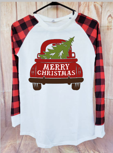 Raglan shirt red and black plaid sleeve