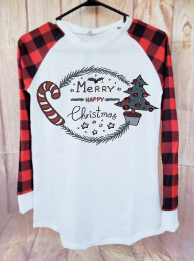 Raglan shirt red and black plaid sleeve