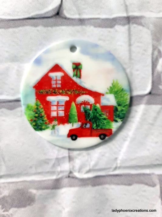 Christmas Ornament - Ceramic circle - Red truck Christmas house