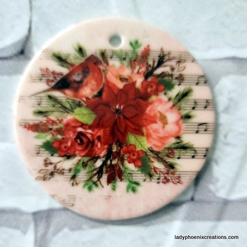 Christmas Ornament - Ceramic circle - Floral music notes