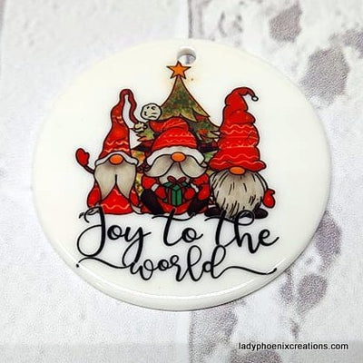 Christmas Ornament - Ceramic circle - Gnomes joy to the world