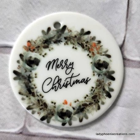 Christmas Ornament - Ceramic circle - Merry Christmas watercolor wreath