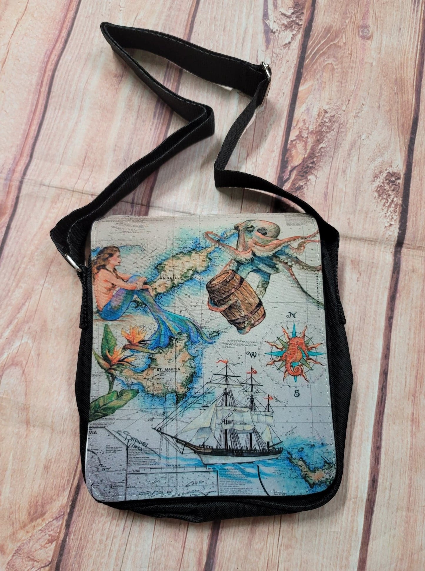 Nautical Map with Mermaid, Compass Rose & Ship crossbody bag