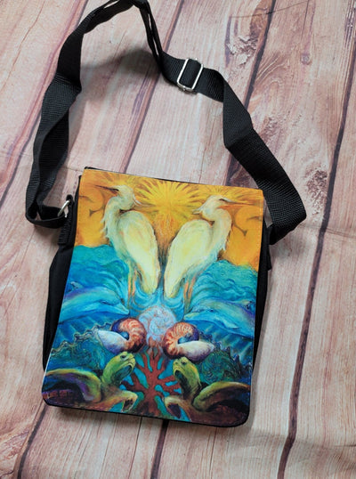 Sun, Herons, Dolphins, Shells & Turtles Watercolor crossbody bag