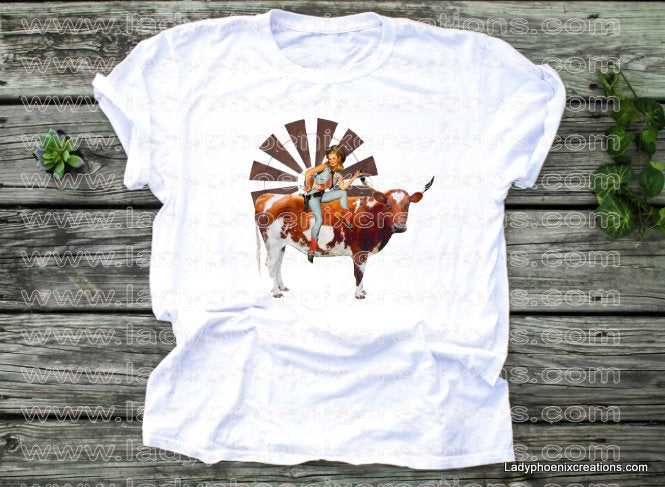 Pin up cowgirl on a steer windmill background Dye Sublimated shirts - Lady Phoenix Creations