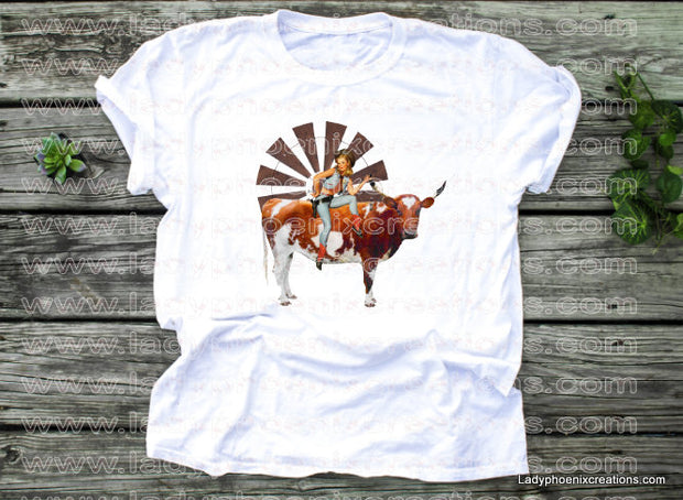 Steer riding pin up cowgirl Dye Sublimated shirts - Lady Phoenix Creations