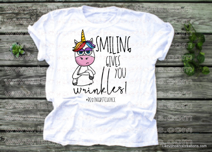 Smiling gives you wrinkles rainbow unicorn Dye Sublimated shirts - Lady Phoenix Creations